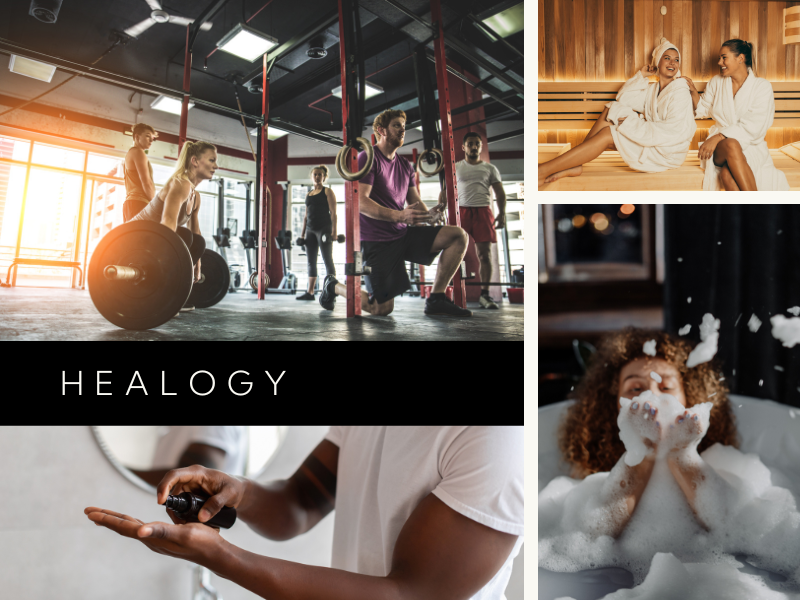 人々が運動したり、サウナやお風呂でリラックスしてセルフケアしている画像